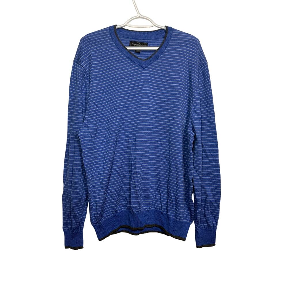 Kenneth Roberts Platinum merino wool v neck stripe blue sweater‎ mens XL preppy